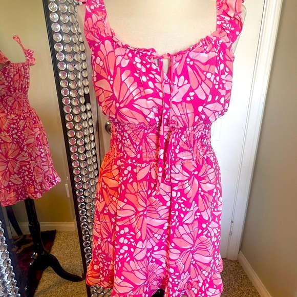 Vibrant pink and peach print dress - Picture 1 of 3